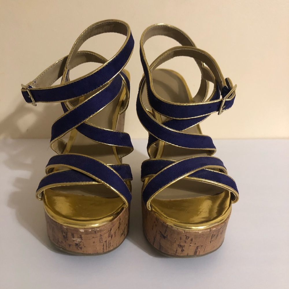 Purple and gold wedges ankle strapped